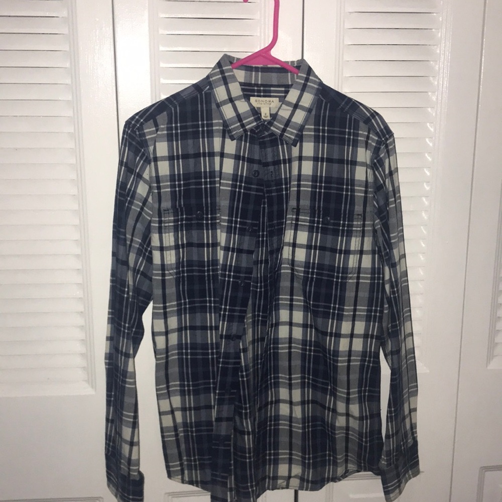 Navy Blue Plaid Button Down Shirt